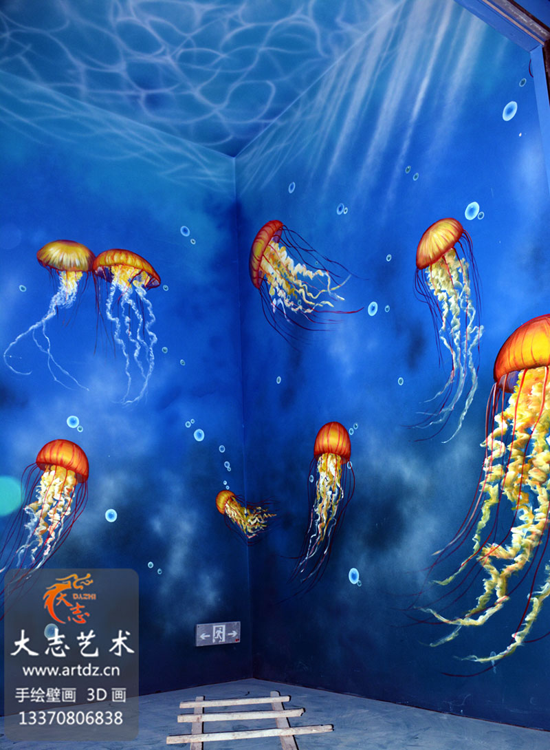 馆水母荧光画墙体彩绘|黄岛胶州海洋题材水产展示馆手绘壁画|大志艺术