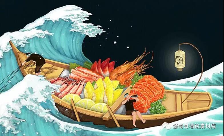 墙绘素材丨海鲜美食插画素材